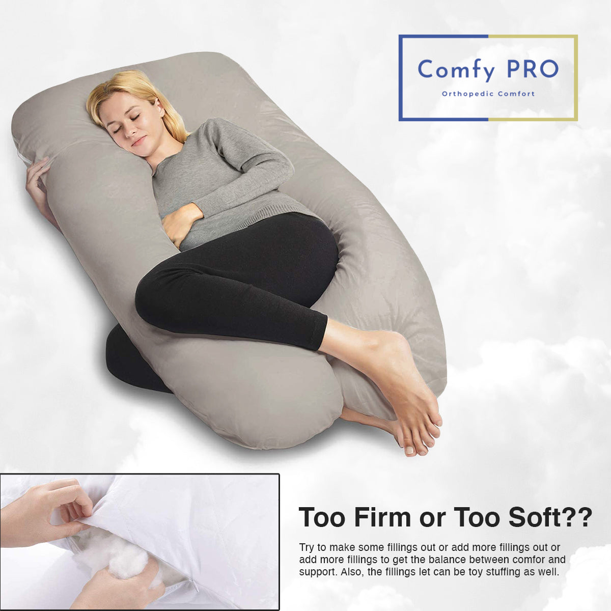 U-Shaped Pregnancy Pillow with Grey Velvet Cover - ComfyPro Canada