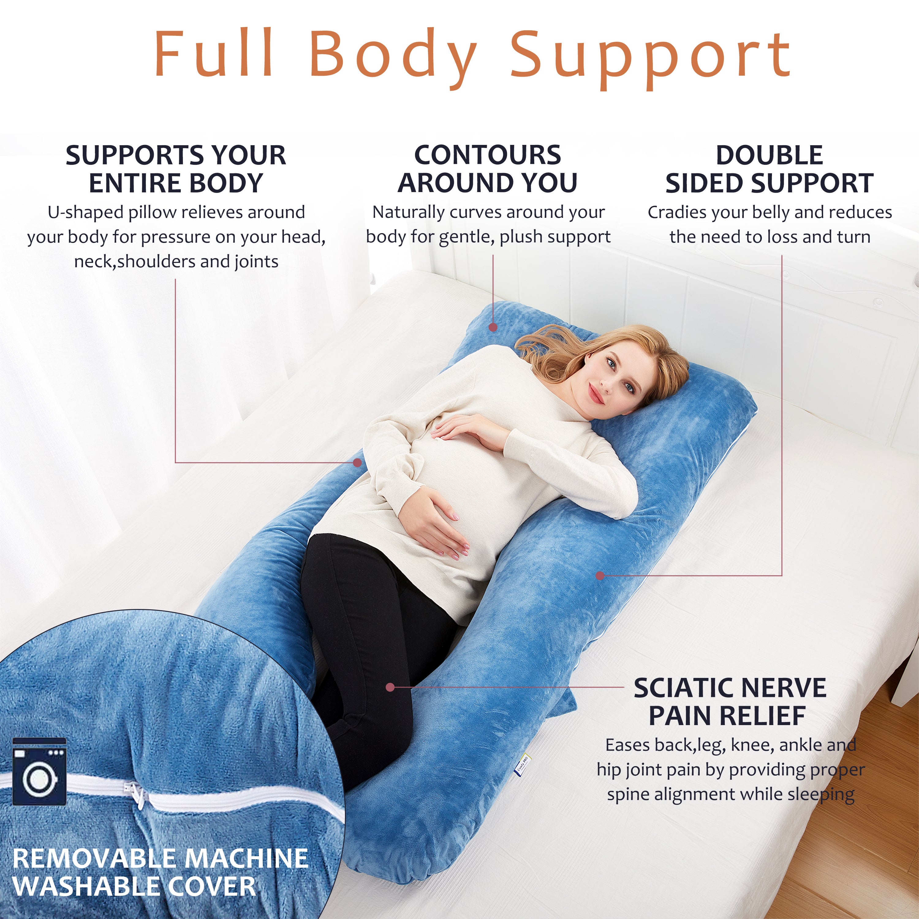 U-Shaped Pregnancy Pillow with Light Blue Velvet Cover - ComfyPro Canada