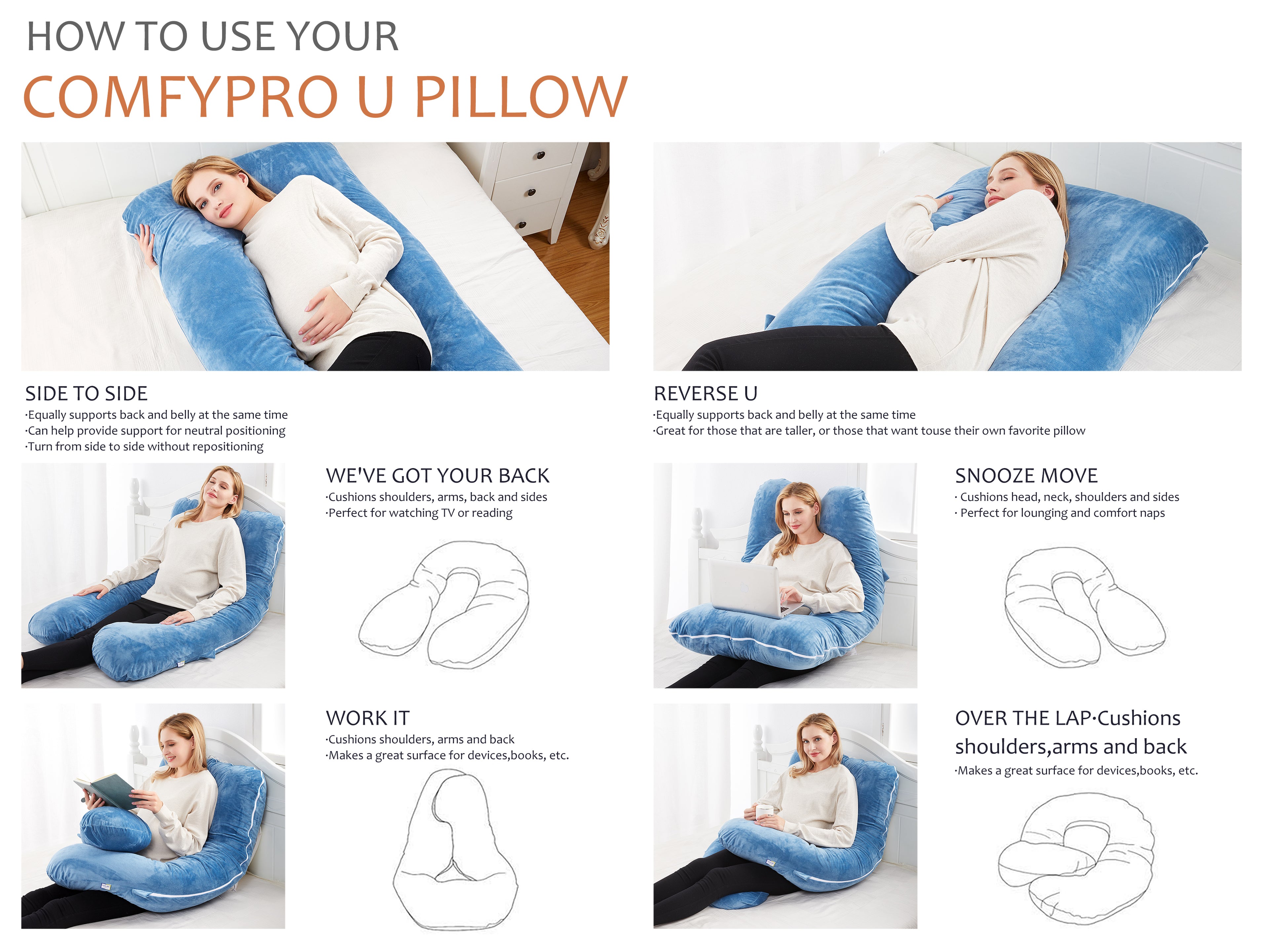U-Shaped Pregnancy Pillow with Light Blue Velvet Cover - ComfyPro Canada