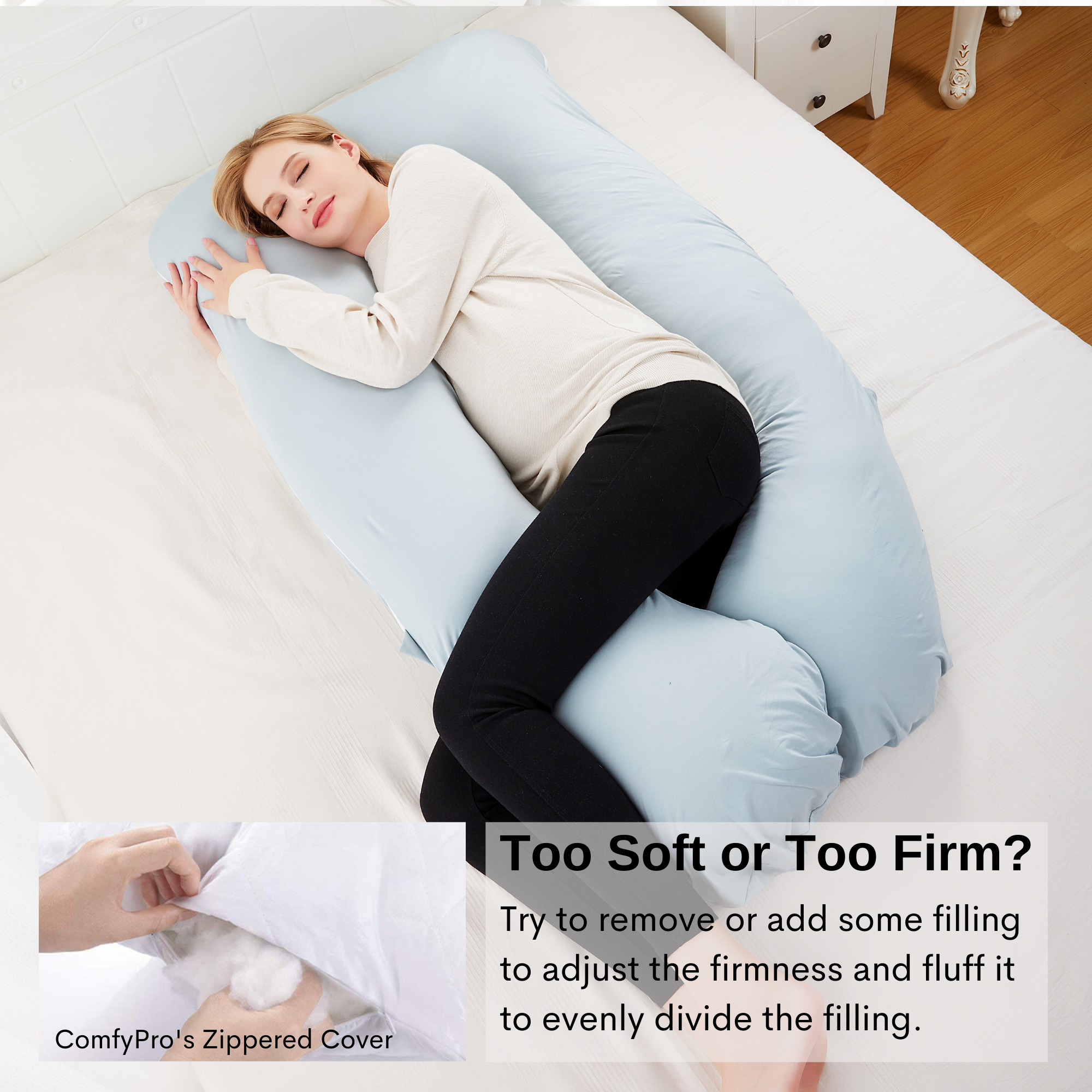 U-Shaped Pregnancy Pillow with Light Green Cotton Cover - ComfyPro Canada