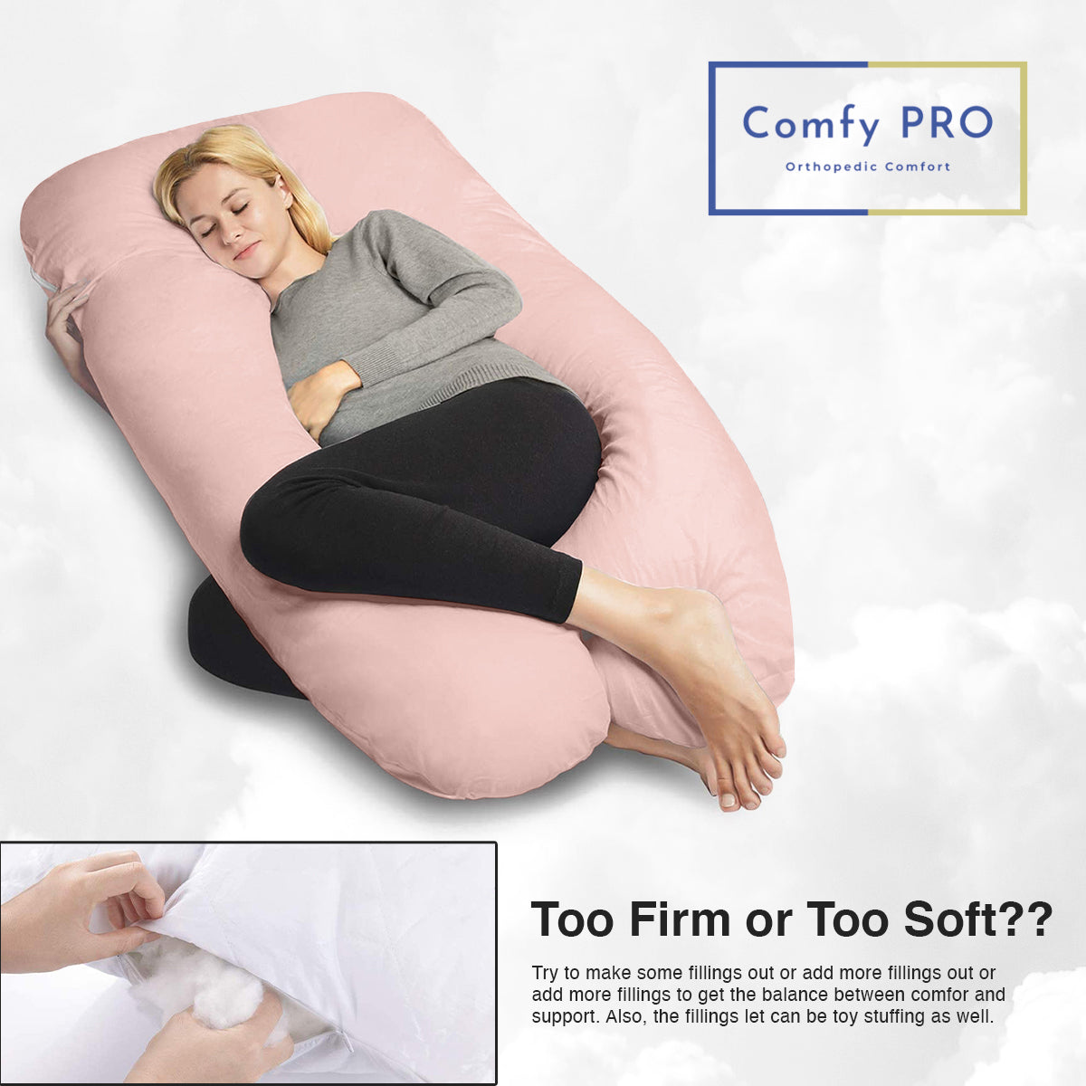 U-Shaped Pregnancy Pillow with Baby Pink 100% Cotton Cover - ComfyPro Canada