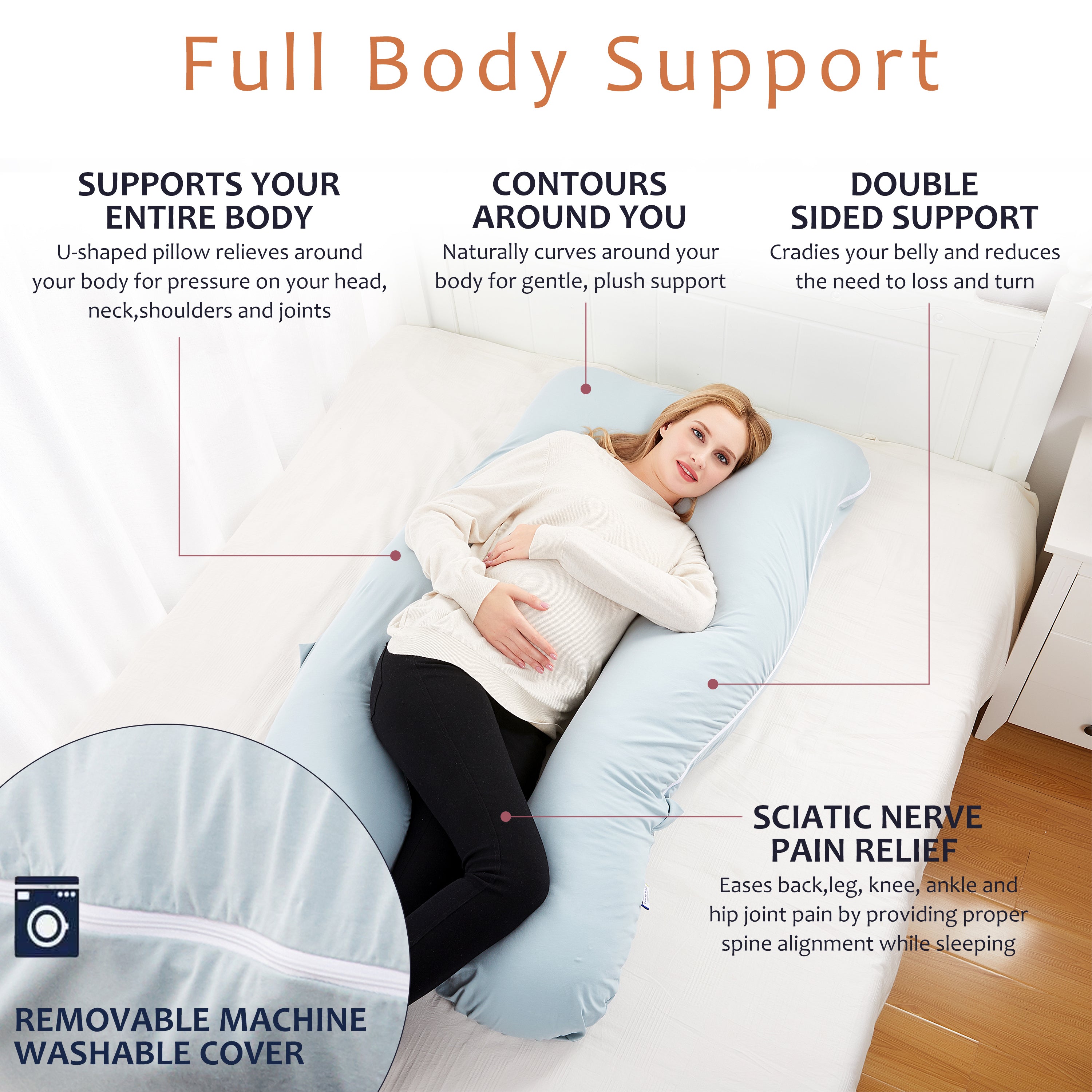 U-Shaped Pregnancy Pillow with Light Green Cotton Cover - ComfyPro Canada