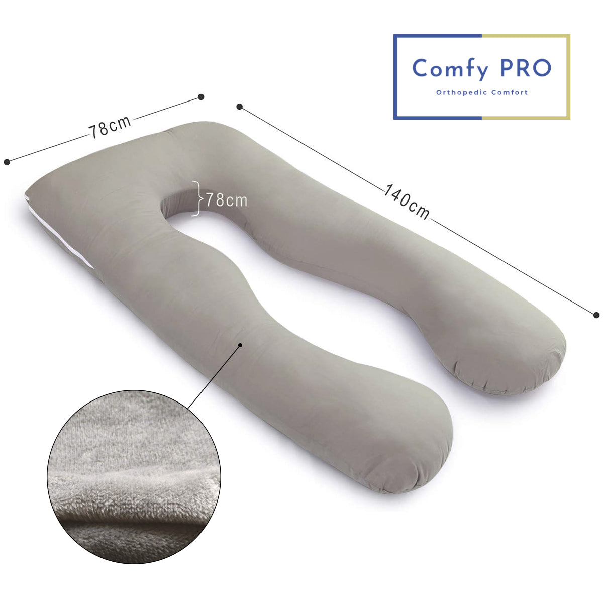 U-Shaped Pregnancy Pillow with Grey Velvet Cover - ComfyPro Canada