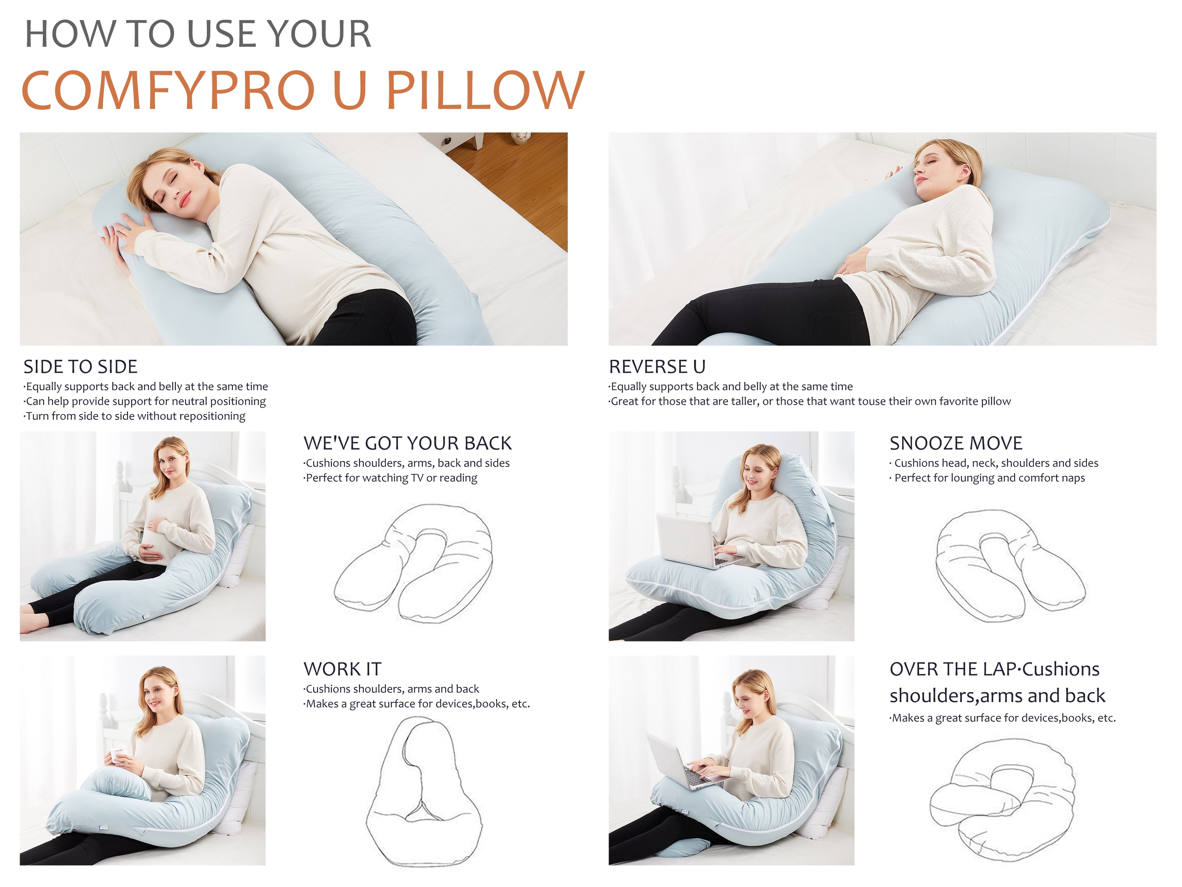 U-Shaped Pregnancy Pillow with Light Green Cotton Cover - ComfyPro Canada